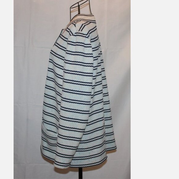 Vintage Blazer Ribbed Polyester Jacket Sz L White Blue Stripes Button Front - Picture 5 of 6